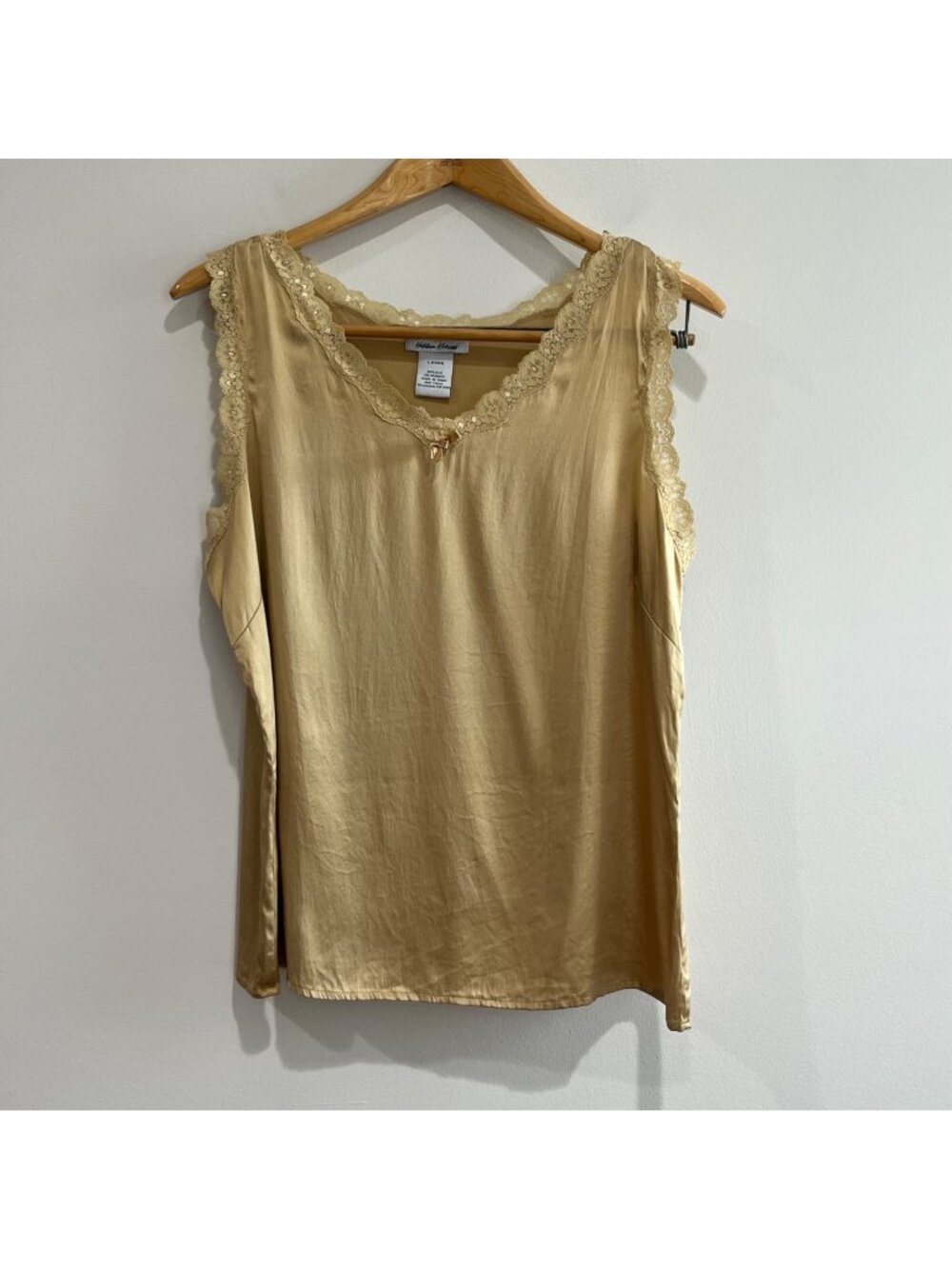 Kathleen Kirkwood Silk Blend Camisole Tank Top Womens L Gold Lace Trim Stretch